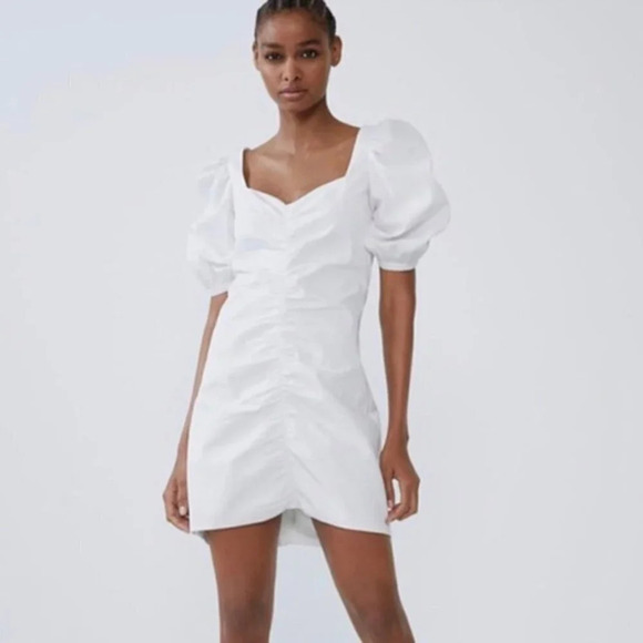 Zara Ruched Cotton Puff Sleeve Mini Dress White Sz S